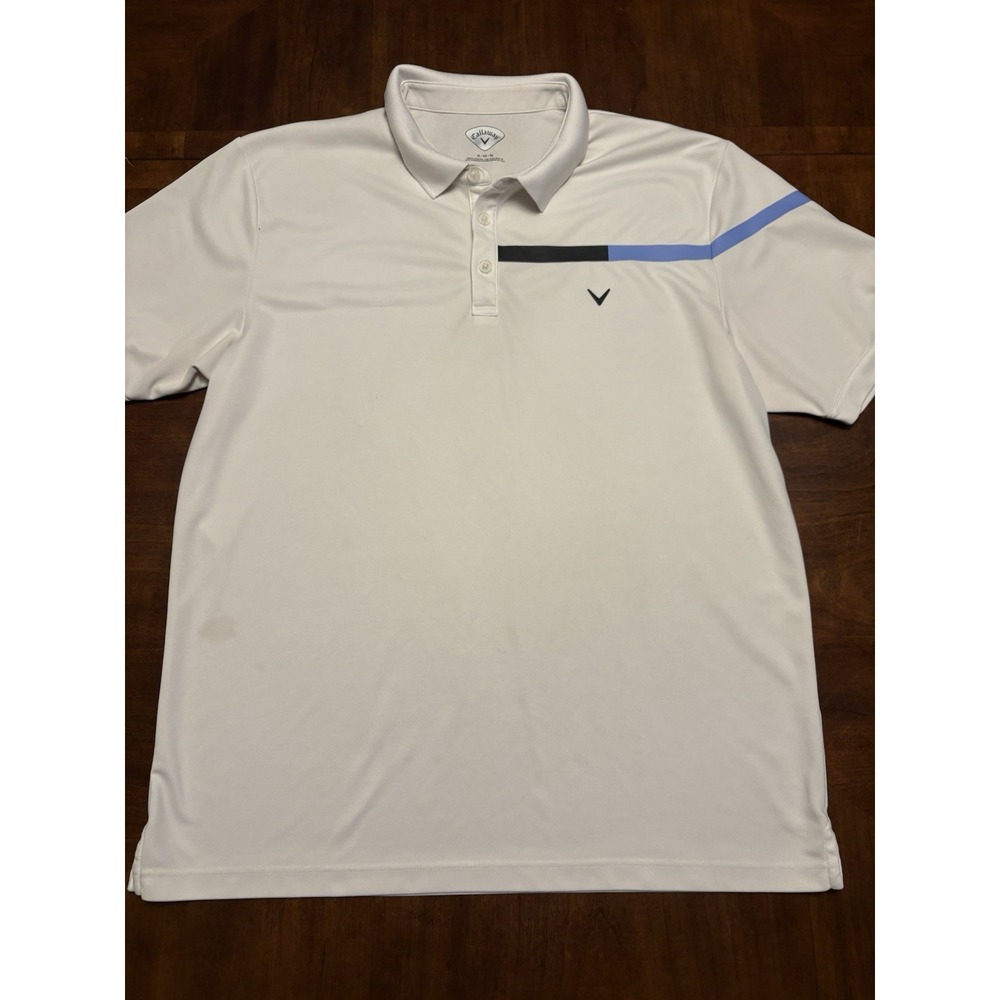 Callaway Golf Polo Shirt Men’s XL White Blue Black Chest Stripe 100% Polyester